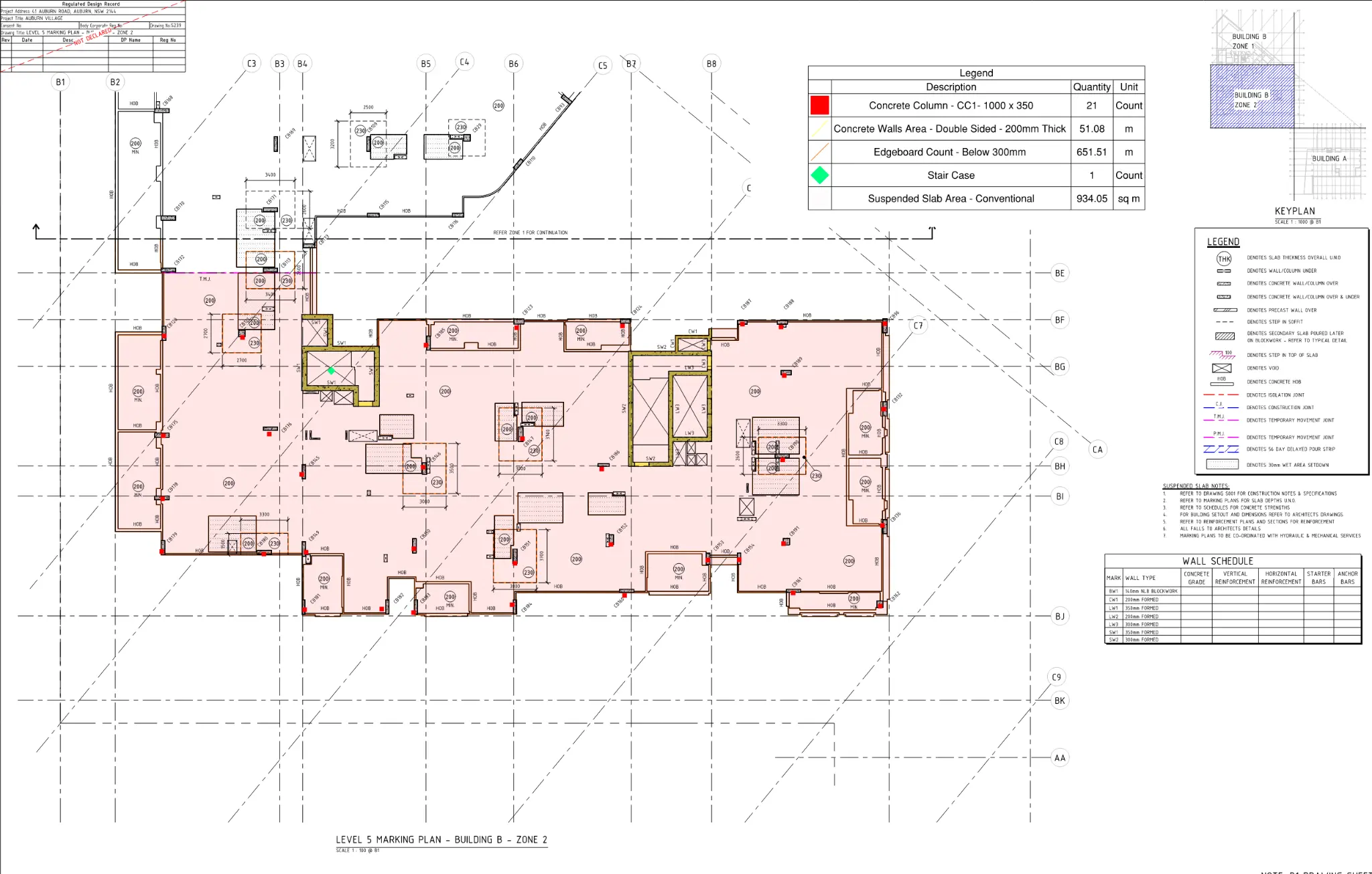 Marked-up lower-ground marking plan for the Auburn residential tower: columns, double-sided walls, edgeboard and suspended slab coloured with a legend of quantities
