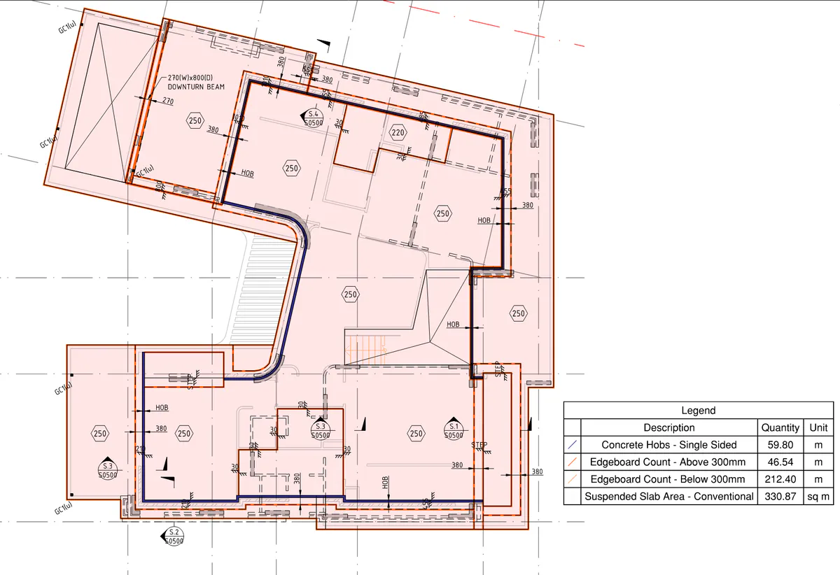 Formwork takeoff markup for a North Turramurra duplex: slab plan with hobs, edgeboard and suspended slab areas coloured