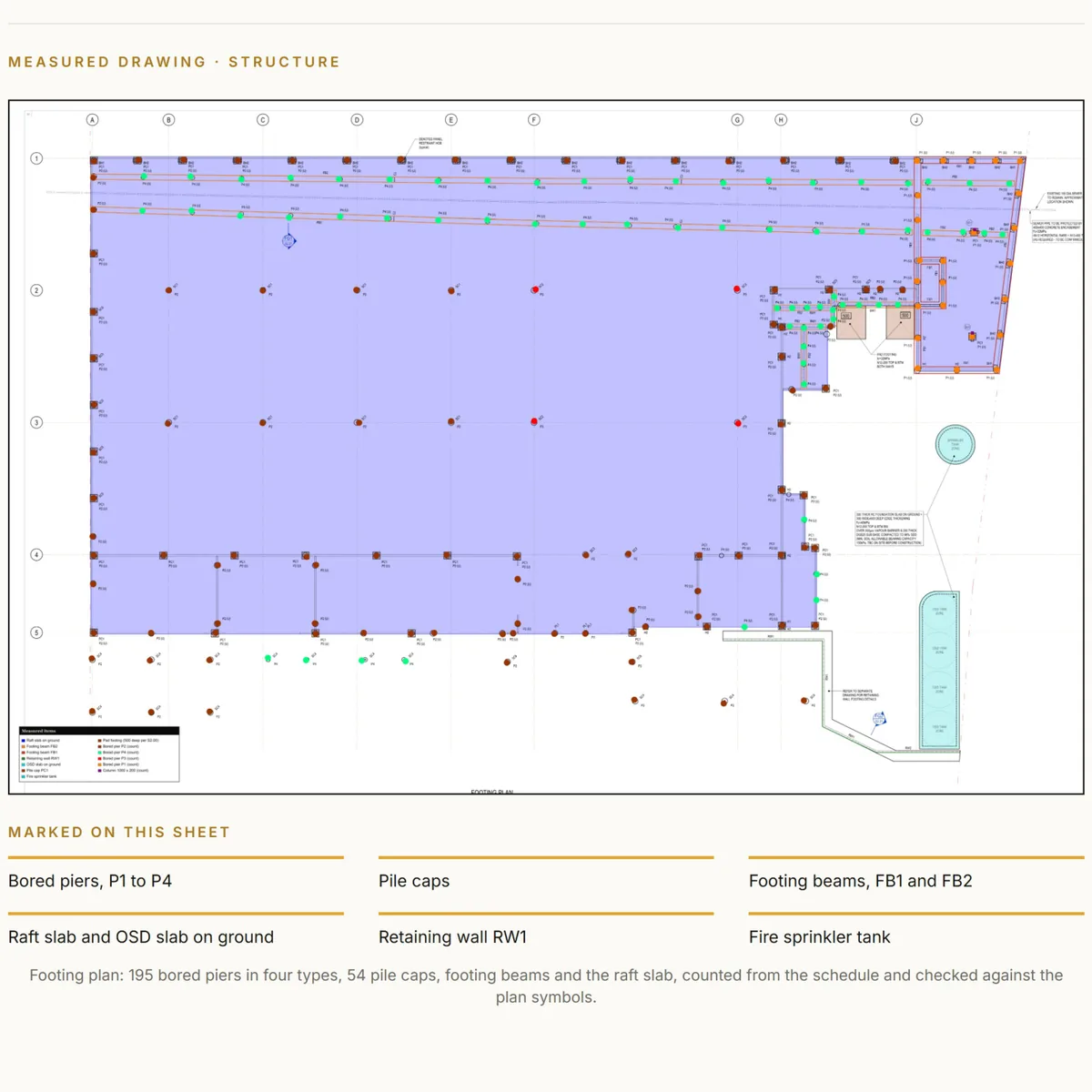 Marked-up building structure plan from the HYKSOS civil tender sample pack with bored piers counted