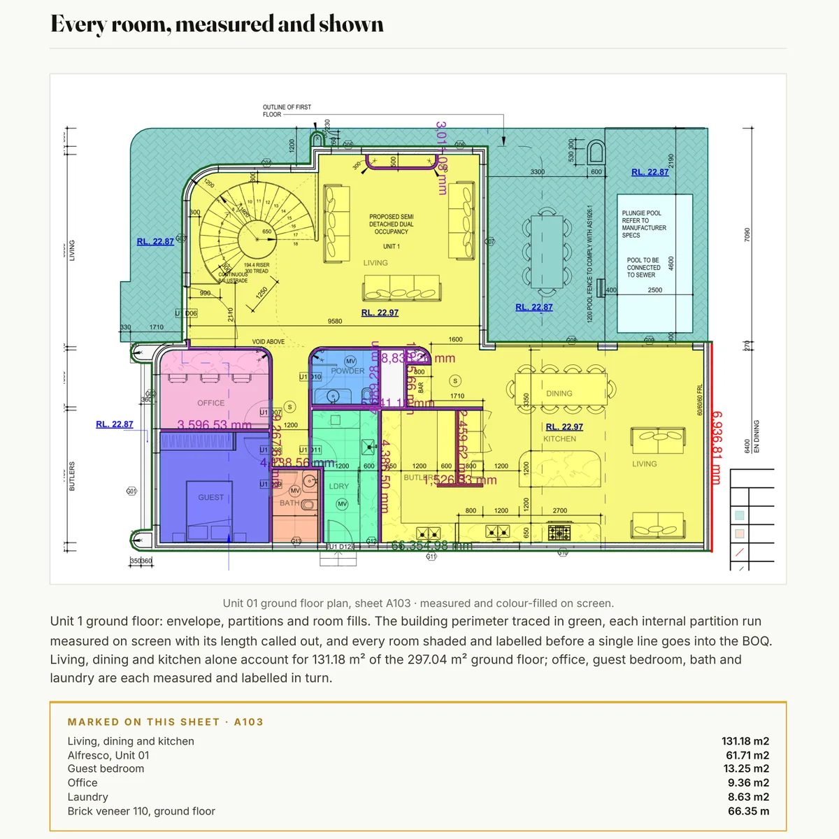 Ground floor plan of a Western Sydney dual occupancy with every room coloured and measured for a full construction takeoff